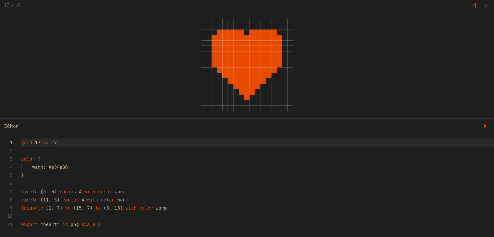 Pix Playground showing a heart drawn with circles and a triangle on a 17x17 grid
